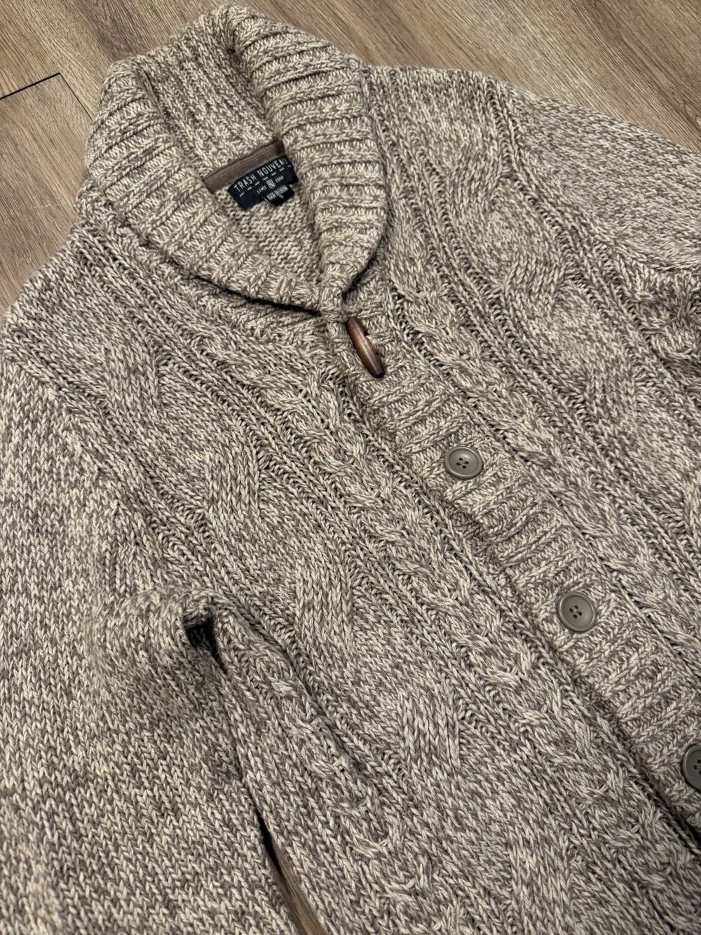 Mens Size Small Trash Nouveau Beige Shawl Collar Cable Knit Button down Sweater